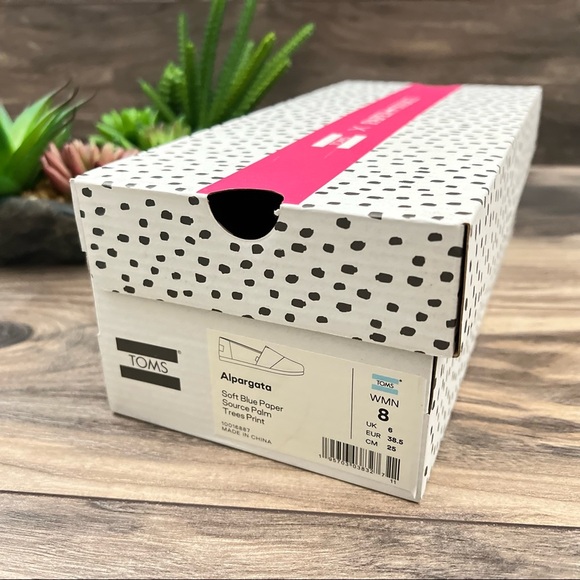 NIB Toms Alpargata Loafer Flats Soft Blue Paper Source Palm Trees Print 8 - Picture 9 of 11